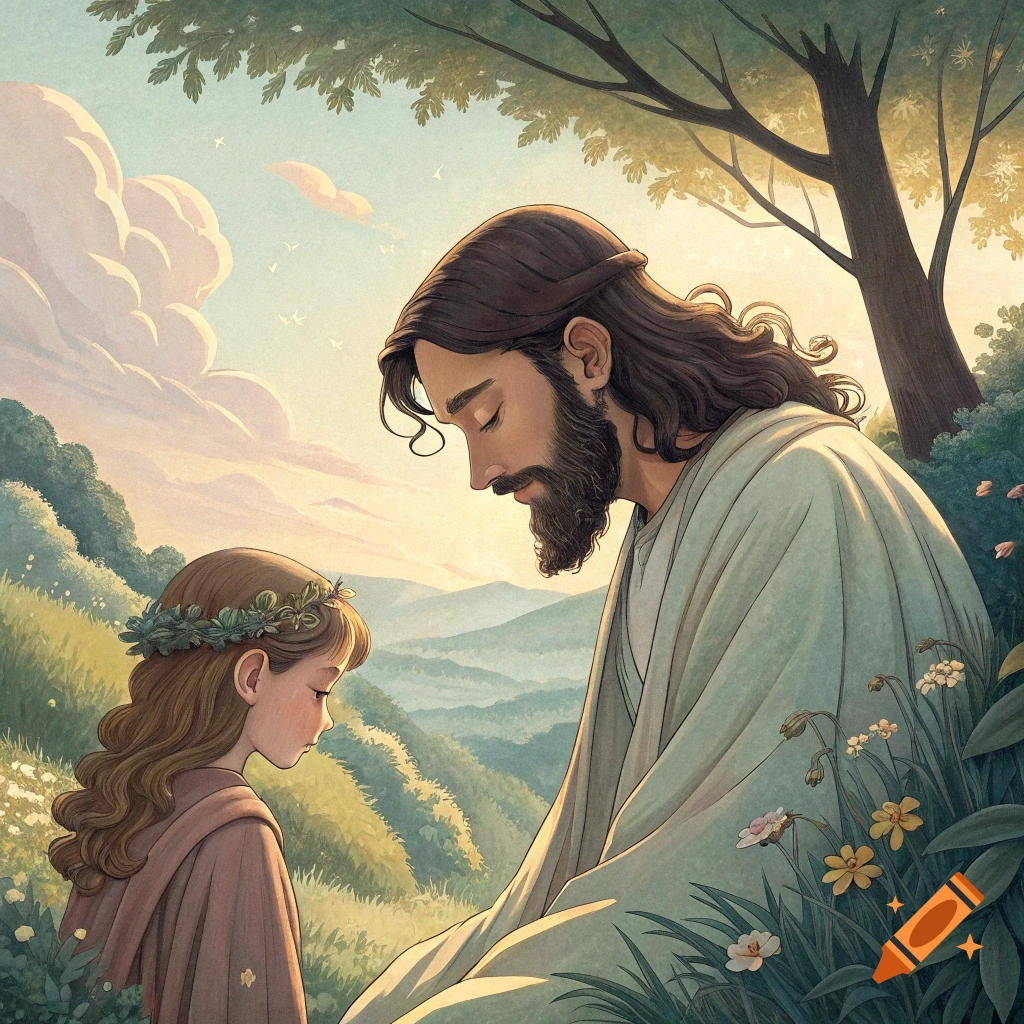 Illustration of Jesus looking down at a young girl with a flower wreath in a field with mountains.