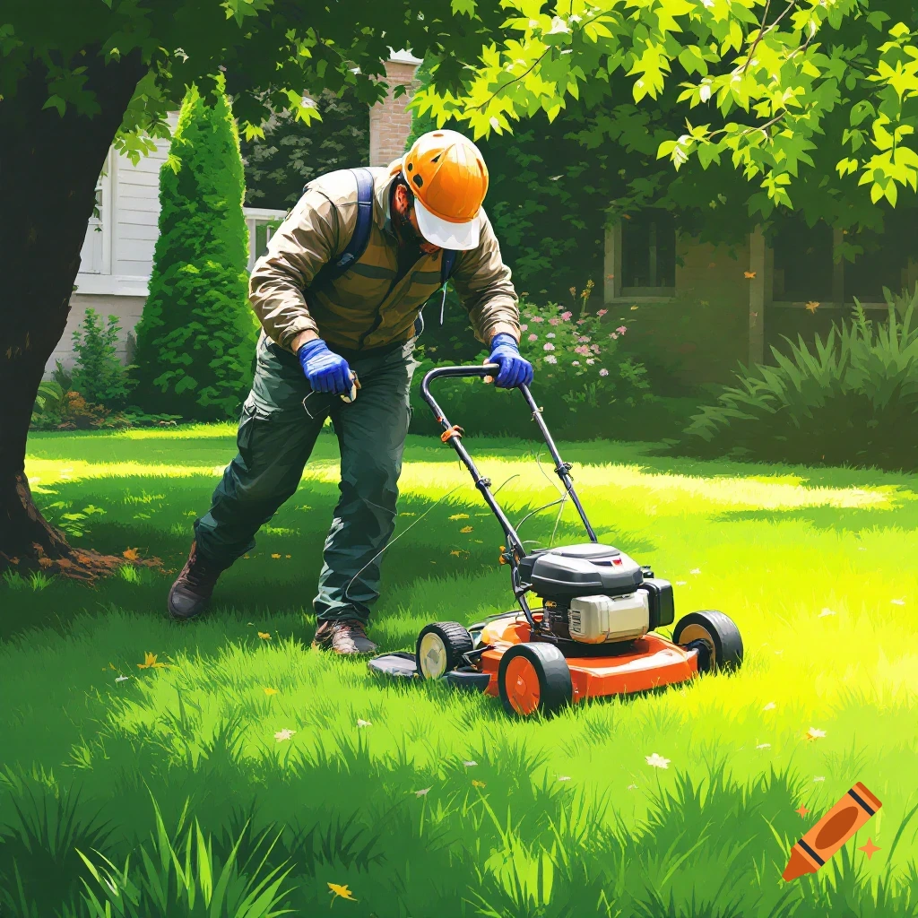 A man mowing a lawn in a sunny yard.