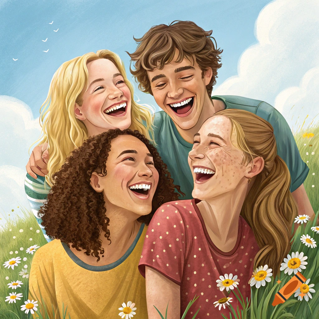 Illustration of four diverse friends laughing together in a field of flowers under a blue sky.