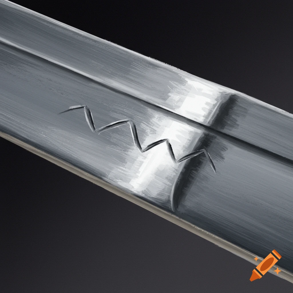 Close-up of a metallic sword blade with a zig-zag pattern