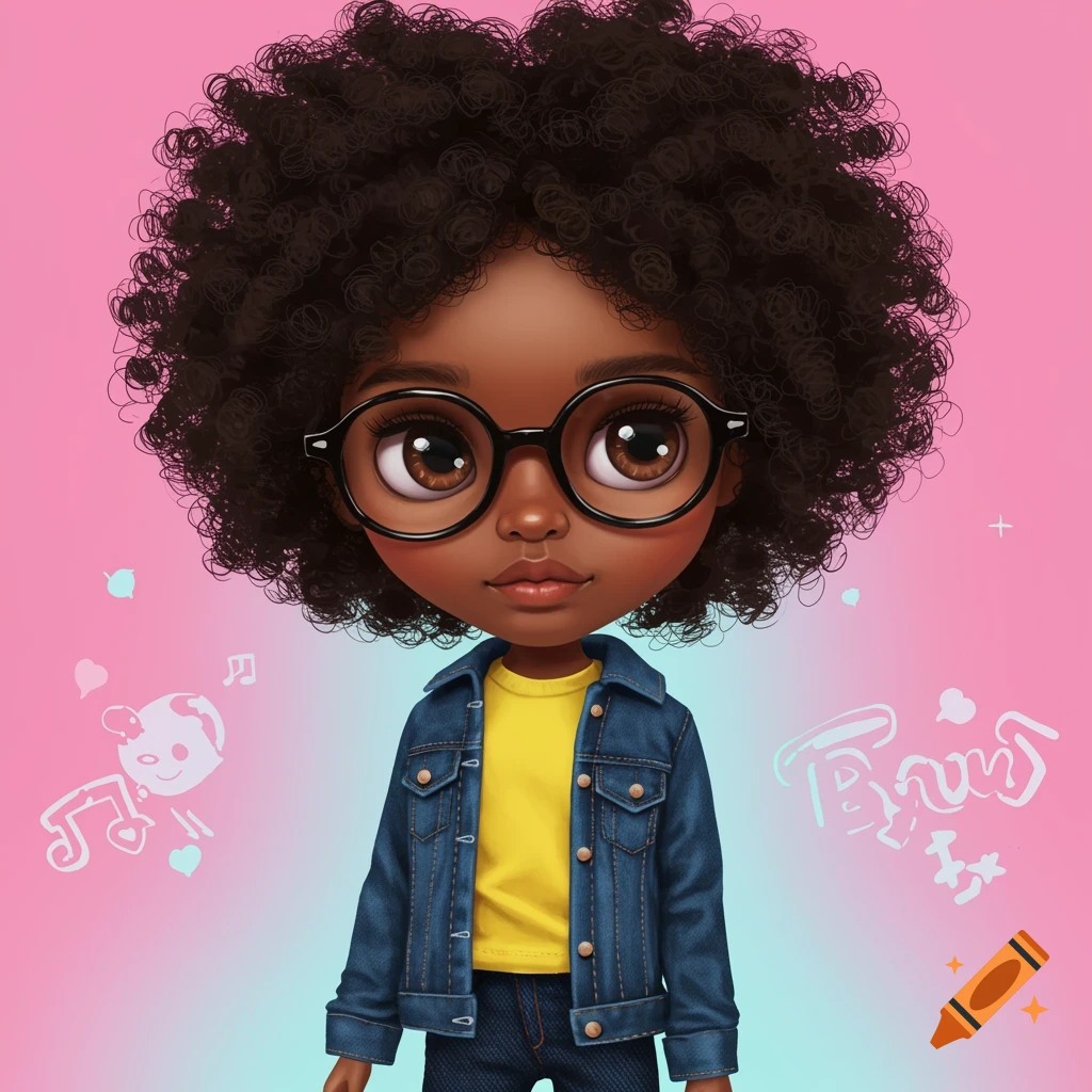 A stylized doll with dark curly hair, glasses, yellow shirt, and denim jacket against a pink and blue background with symbols.