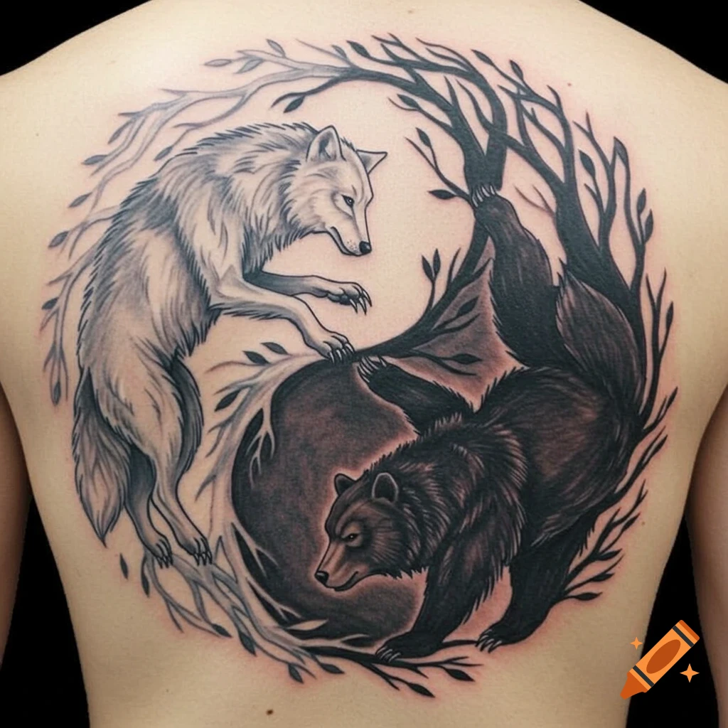 A black and grey tattoo on a back shows a wolf and a bear in a yin-yang  design surrounded by tree branches. on Craiyon, image size:1024x1024