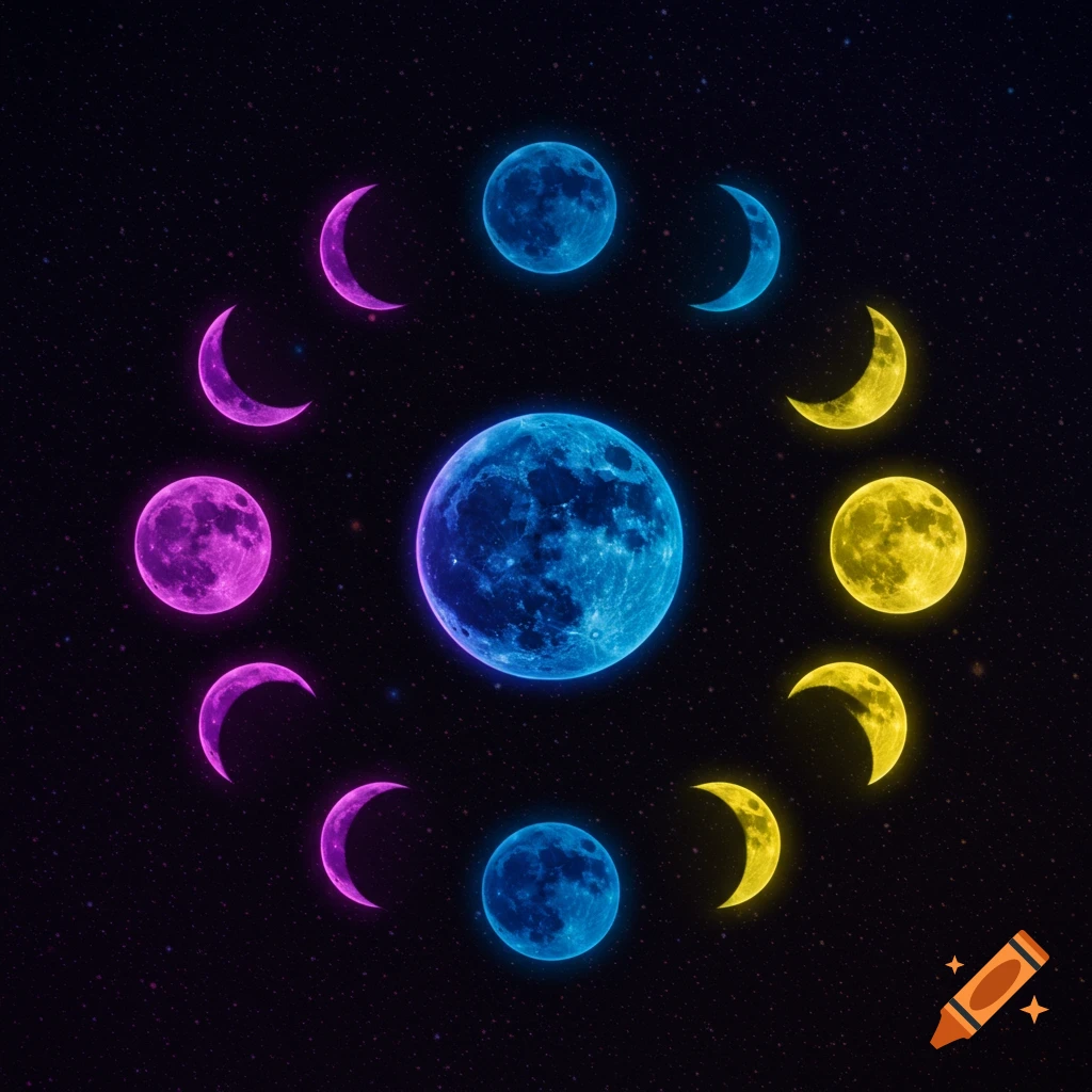 Moon phases in blue, purple, and yellow arranged circularly around a large central moon on a starry background.