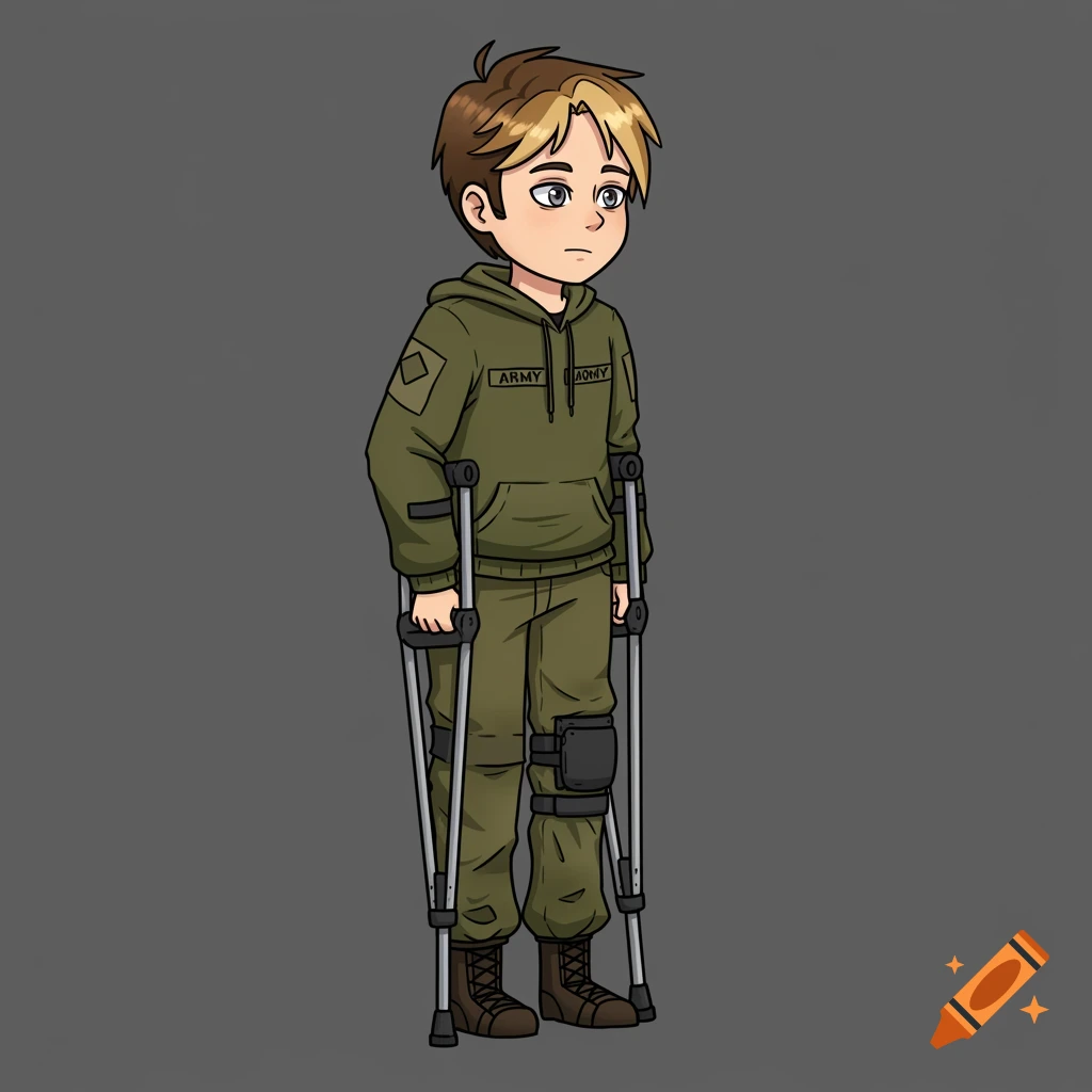 A cartoony boy with brown and blonde hair stands on crutches wearing a green army hoodie, pants, and boots.