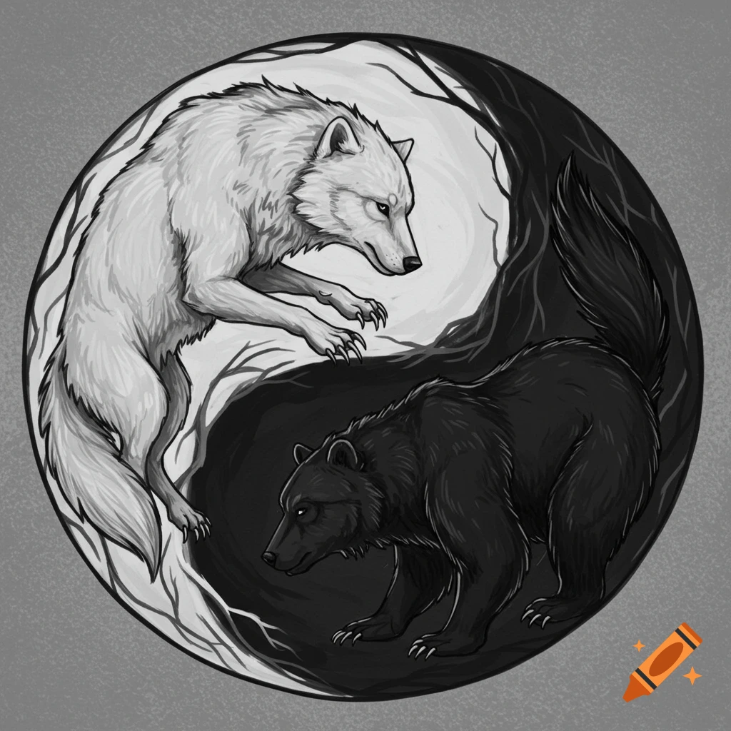 Grayscale image of a white wolf and black bear intertwined in a yin yang symbol with tree branches and roots.