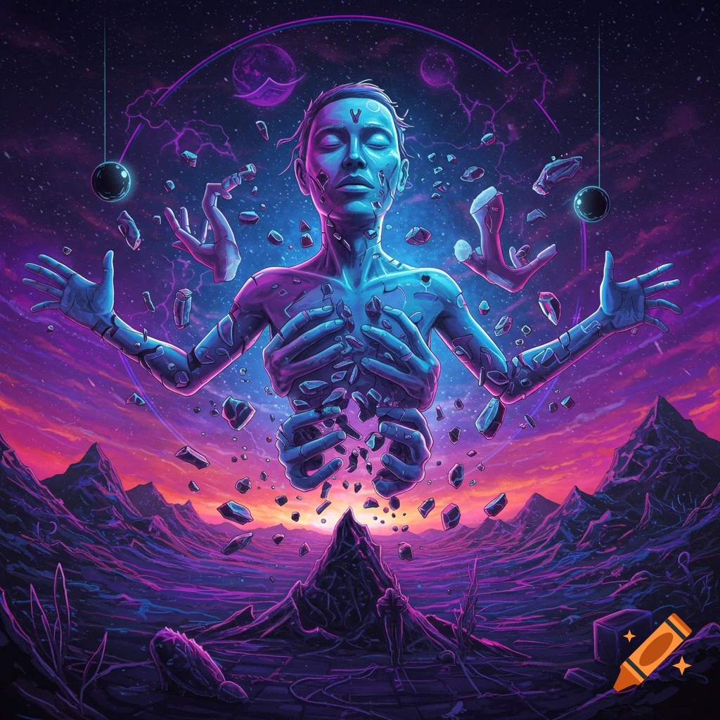 Surreal image of a human figure fragmenting into rocks in space over a rocky landscape.