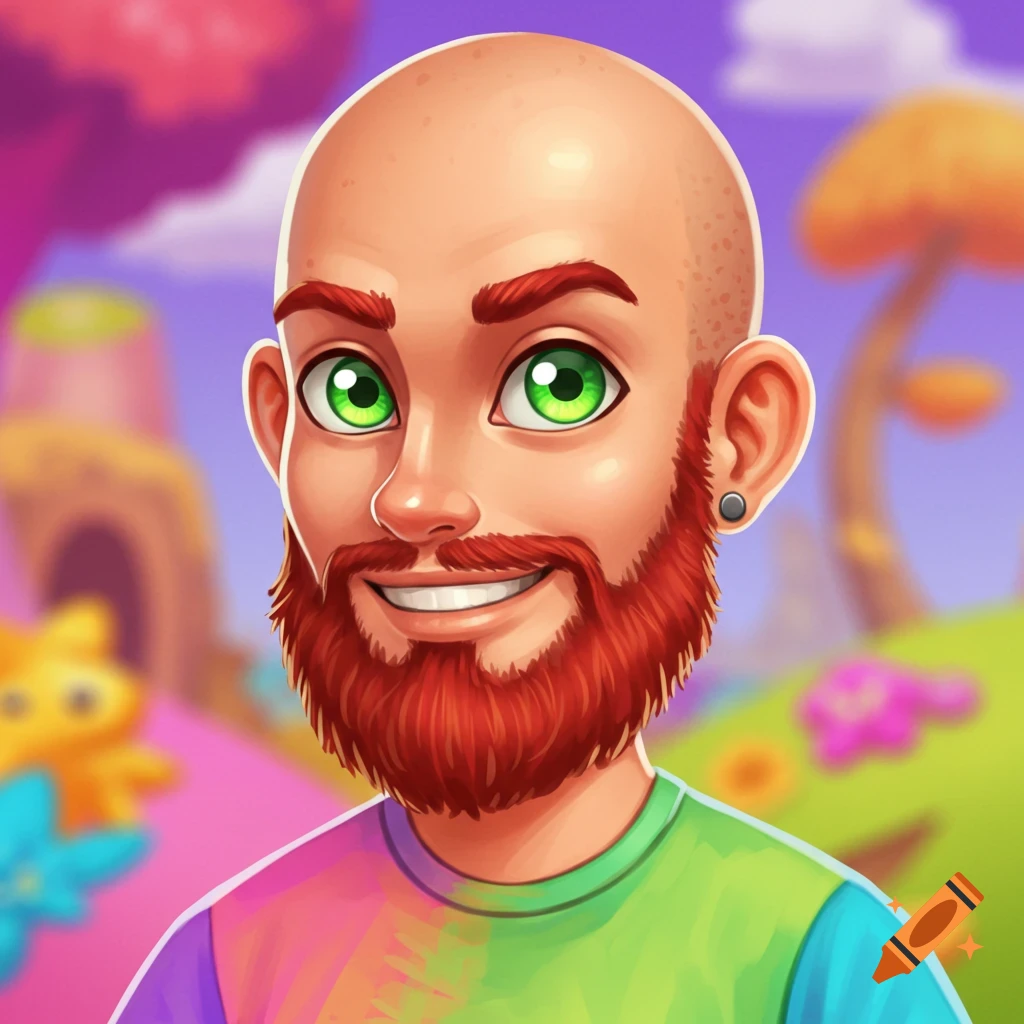 Cartoon portrait of a bald man with a red beard and green eyes in a colorful fantasy landscape, Neopets style.