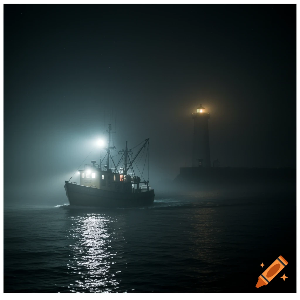 Fishing boat in heavy fog near a lighthouse at night, moody photorealistic style.
