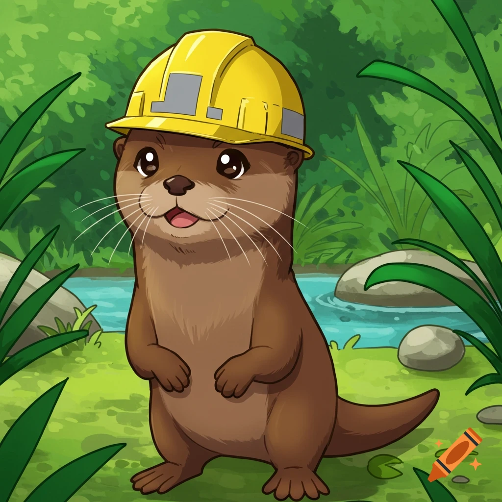 A cute anime-style otter wears a yellow hard hat while standing by a stream in a forest.