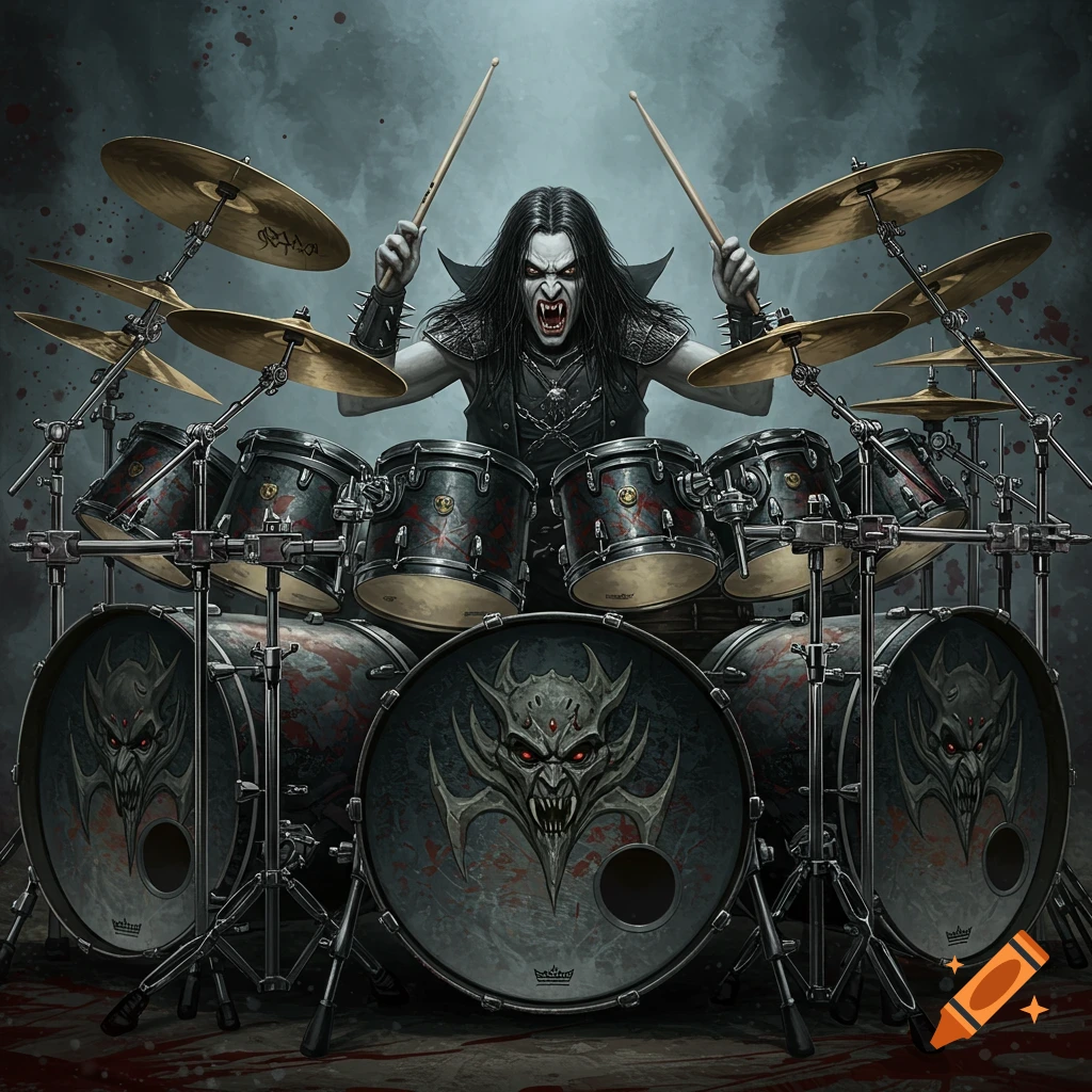A vampire metal drummer playing a large drum set with demonic faces on the drums.
