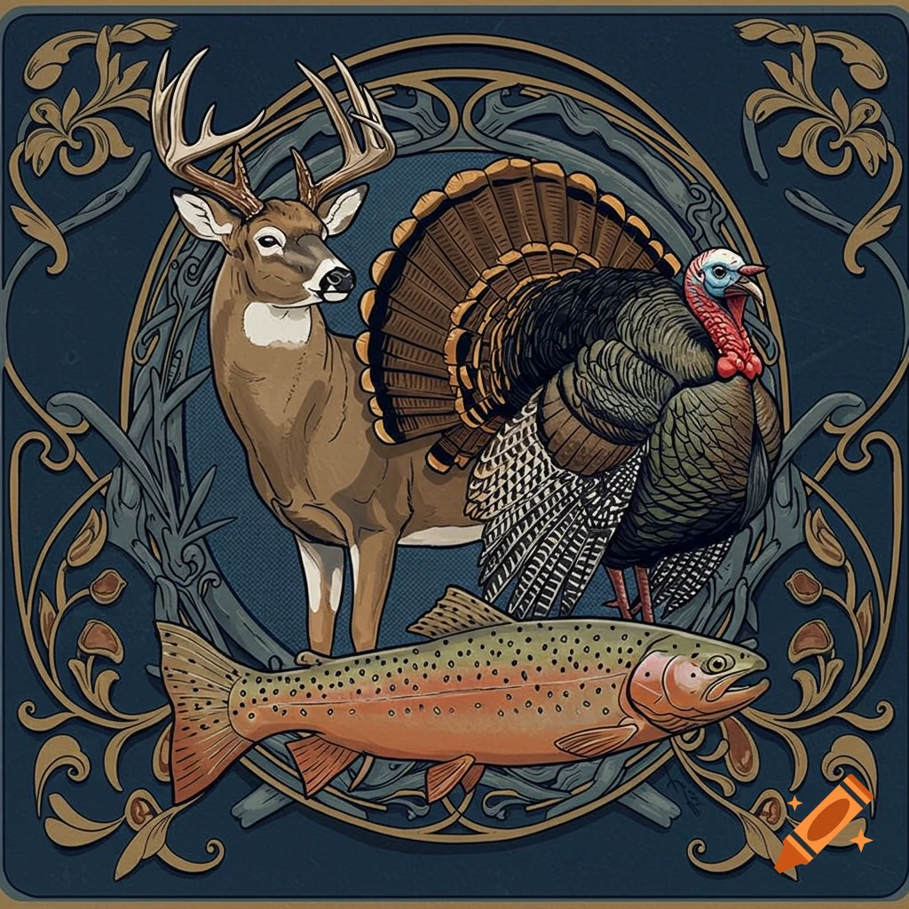 Art Nouveau illustration of a deer, turkey, and trout