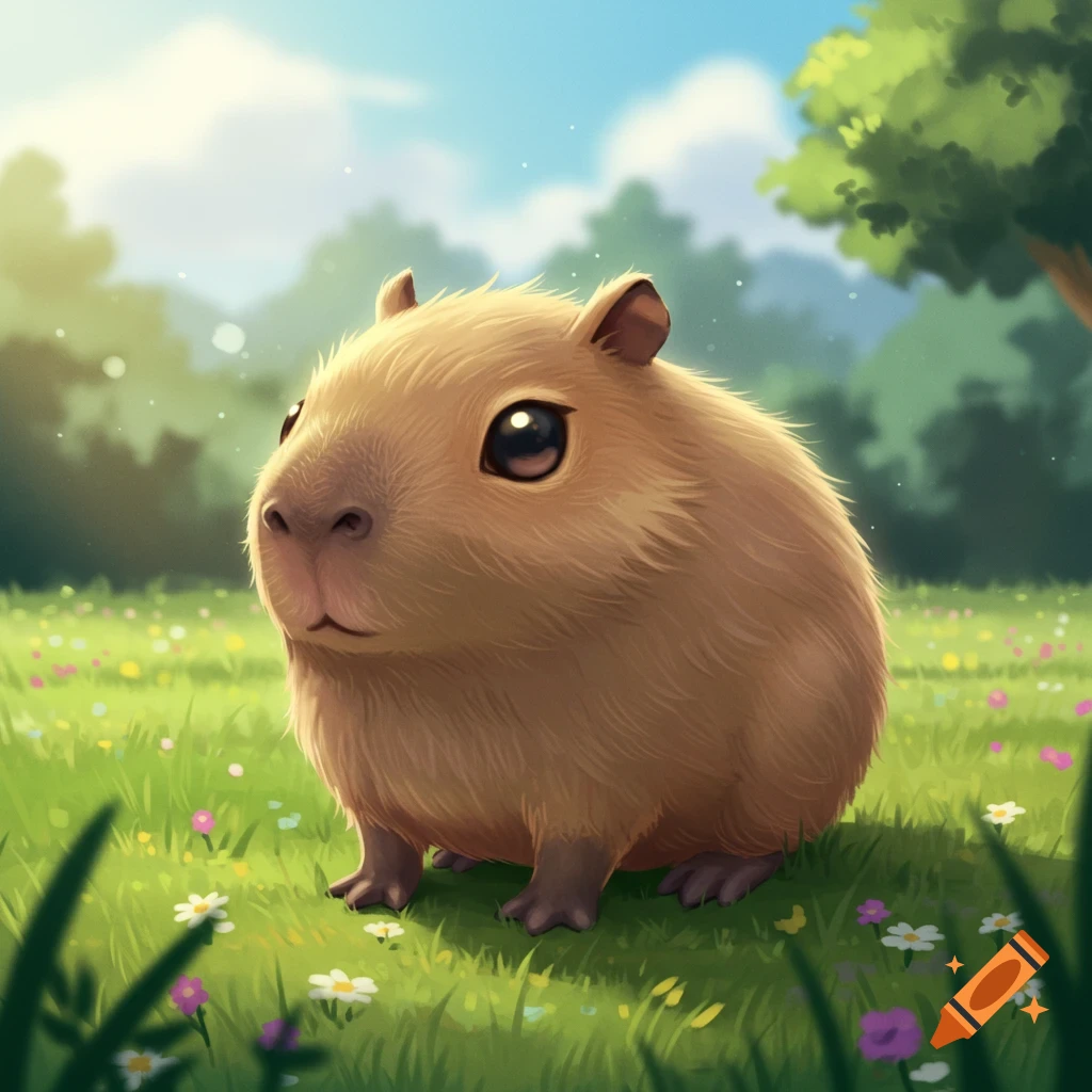 A cute capybara sits in a sunny field of grass and flowers in a stylized art style.