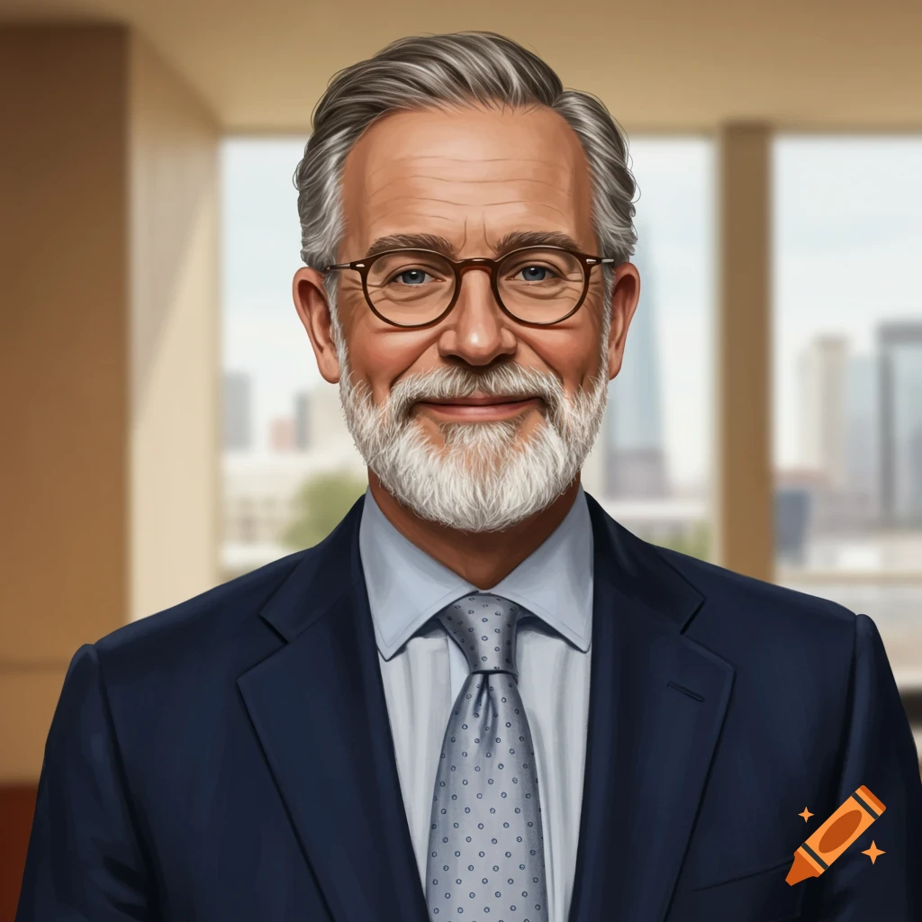 An older man in a suit and tie smiles in an office.