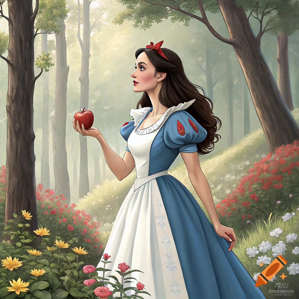 Illustration of Snow White holding a red apple in a magical forest.