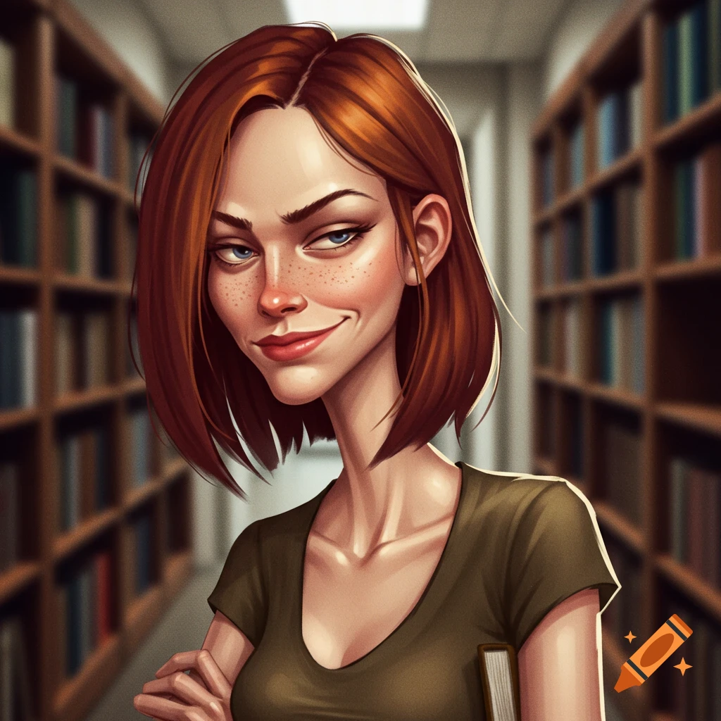 Stylized portrait of a smirking woman with red hair and freckles in a library.