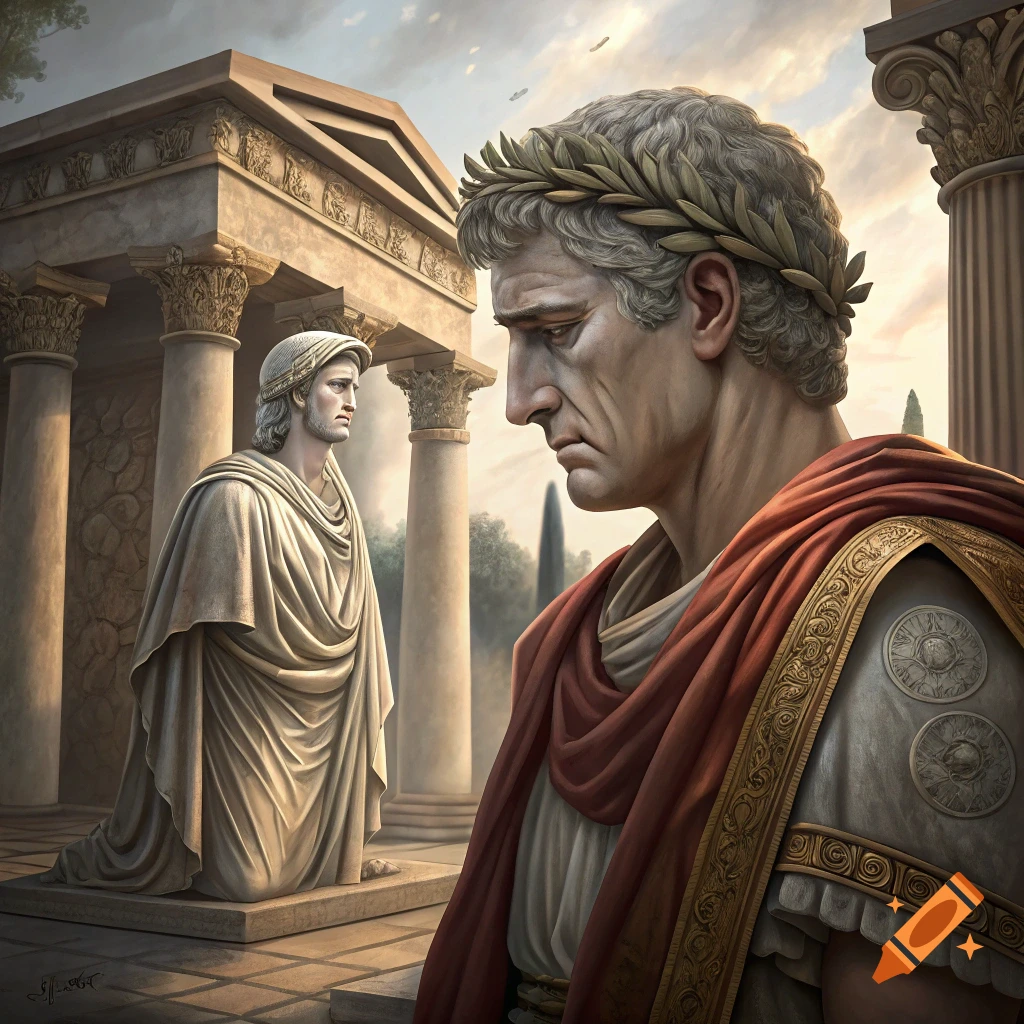 A classical figure in a laurel wreath looks towards a draped statue near a large ancient temple.
