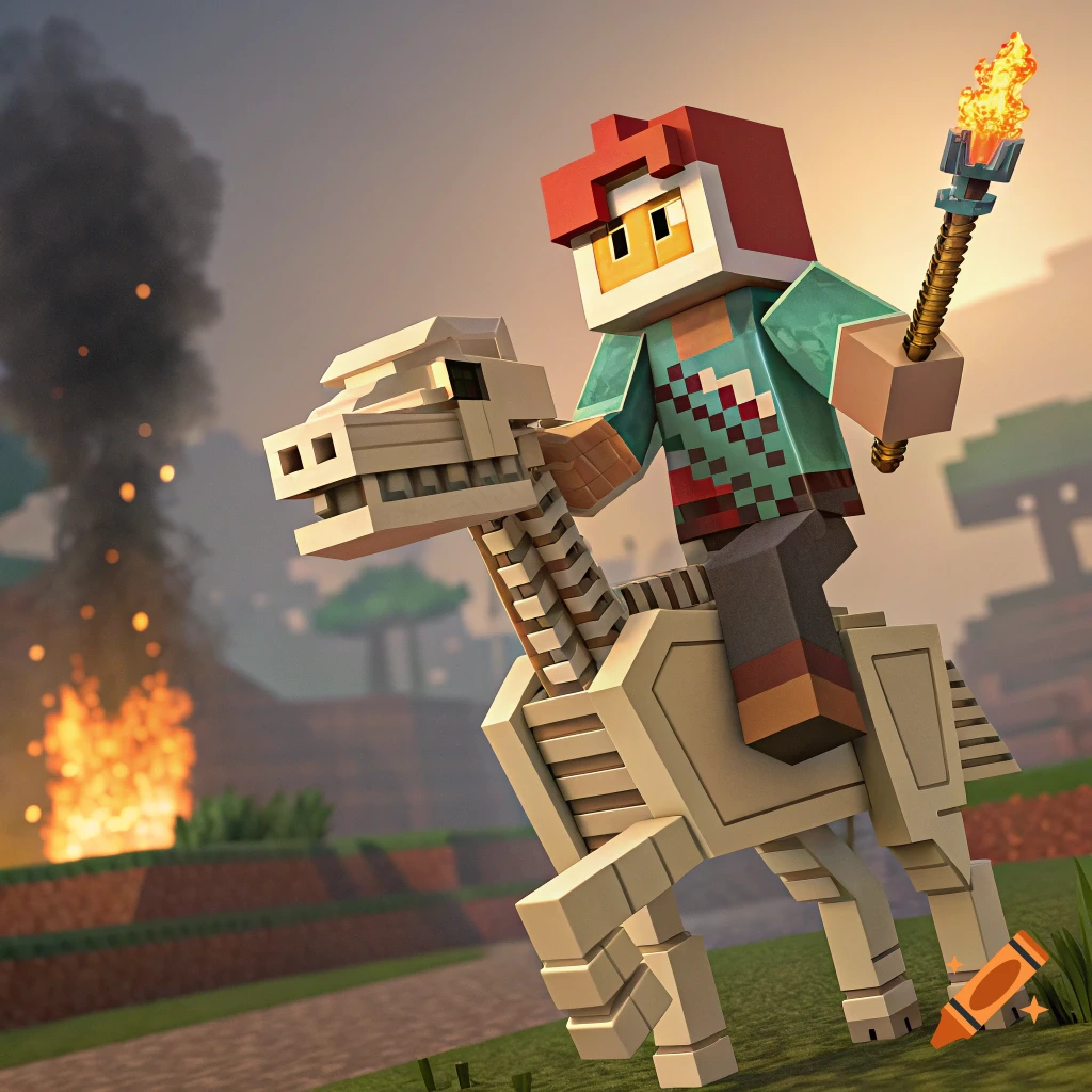 Minecraft character riding a skeleton horse with a torch, fire in background