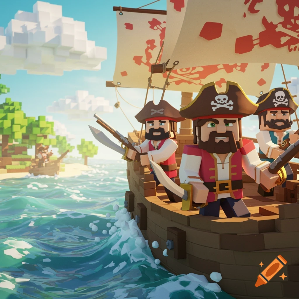 Voxel art of blocky pirates on a ship sailing on a bright blue sea near an island.