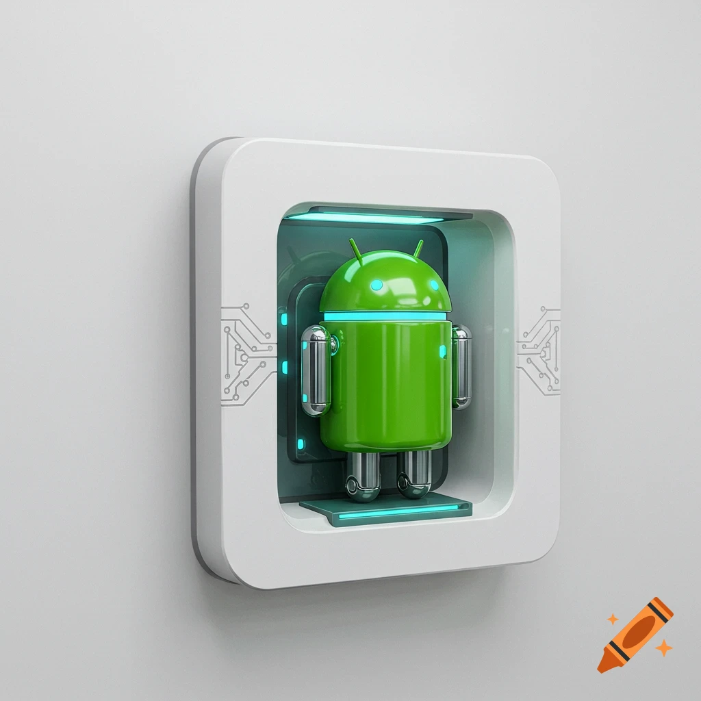 Android robot logo in a futuristic wall charging alcove.