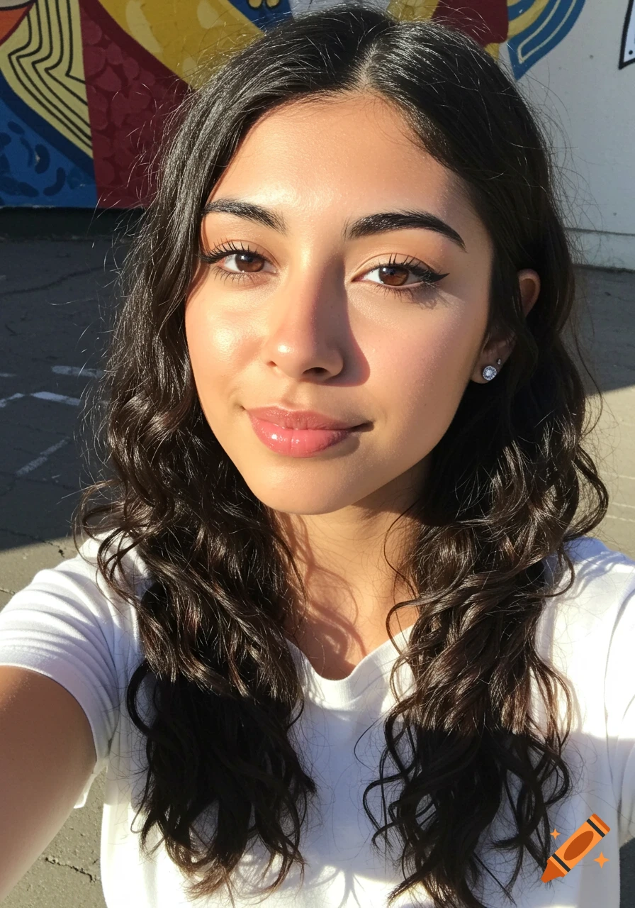Close-up selfie of a young woman smiling with sunlight on her face and a colorful mural behind her