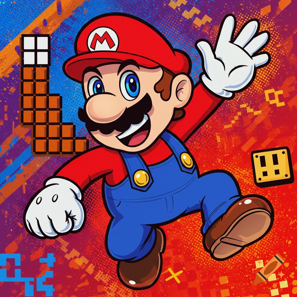 Mario is shown mid-jump against a vibrant background that incorporates pixel art elements.