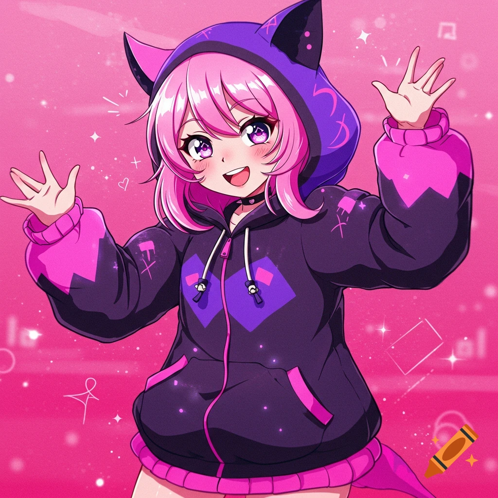 An anime girl with pink hair and a purple and pink cat-ear hoodie waves cheerfully.