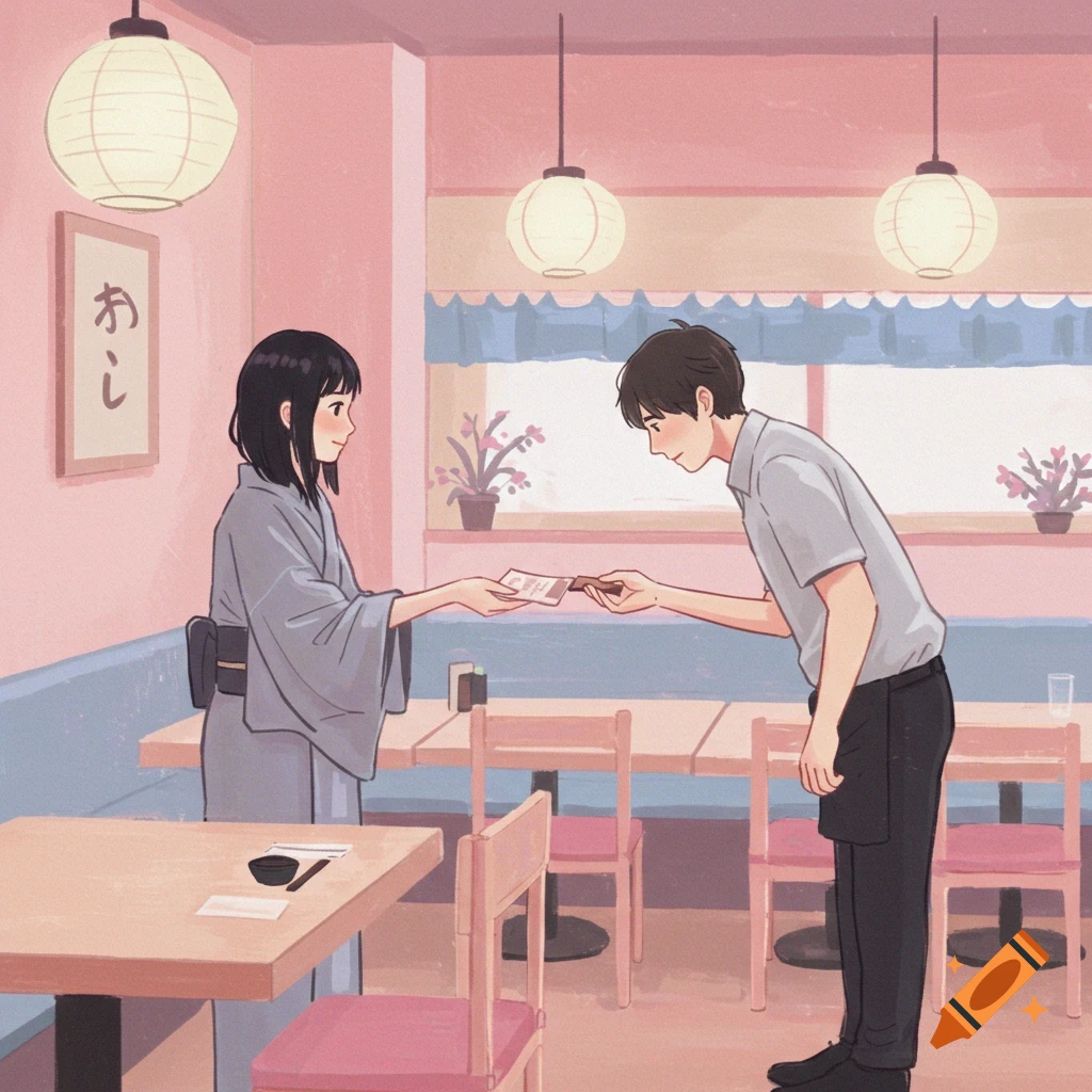 A person in a kimono gives a tip to a bowing waiter in a pastel Japanese restaurant.