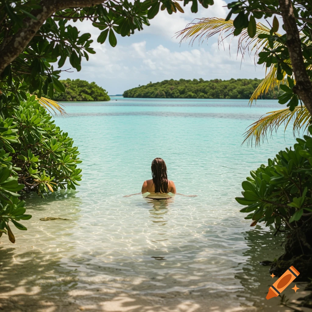 A woman with long hair is wading in a clear turquoise lagoon, framed by tropical plants on the shore.
