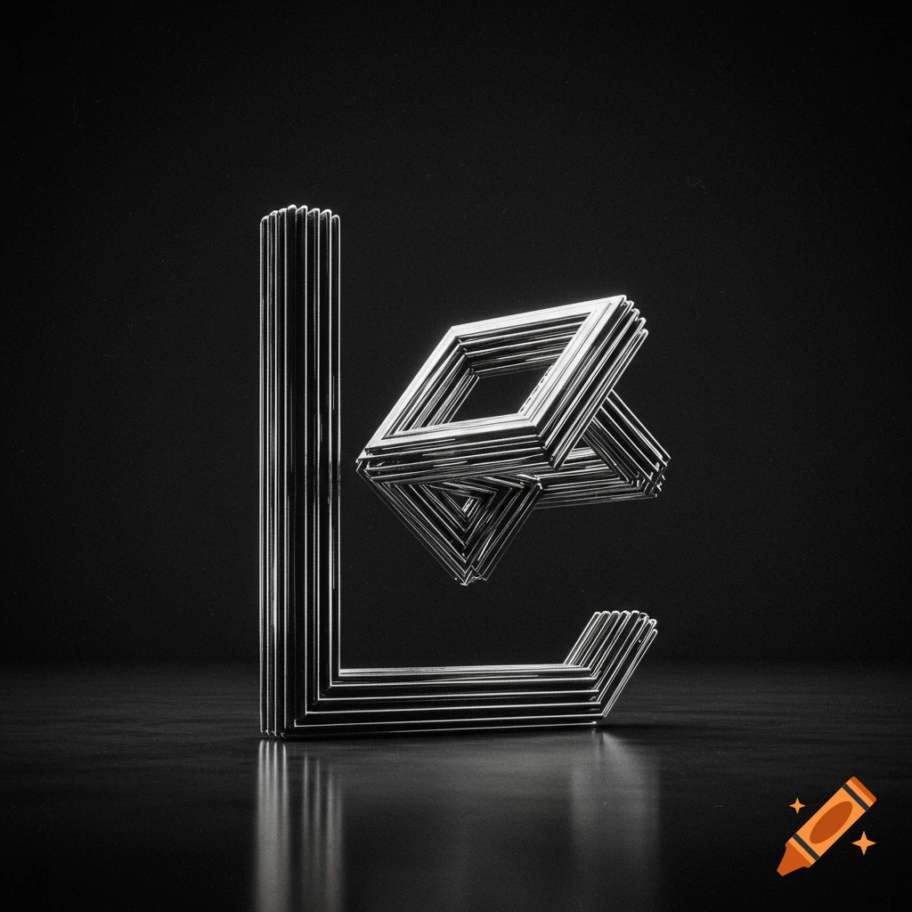 A metallic 3D geometric shape resembling the letter L, with layered frames, against a dark background. Another abstract geometric shape floats above it.