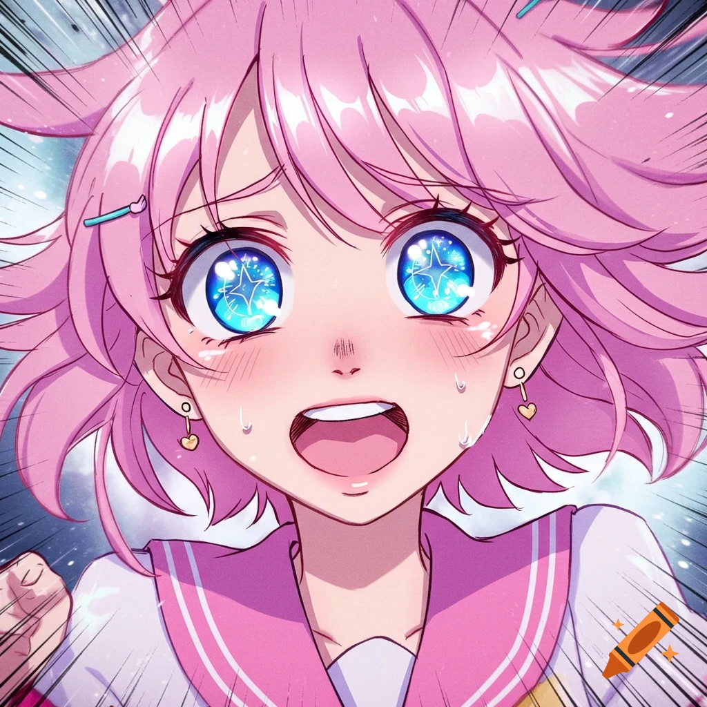 Close-up anime portrait of a pink-haired girl with huge sparkly blue eyes and an emotional expression in manga style.