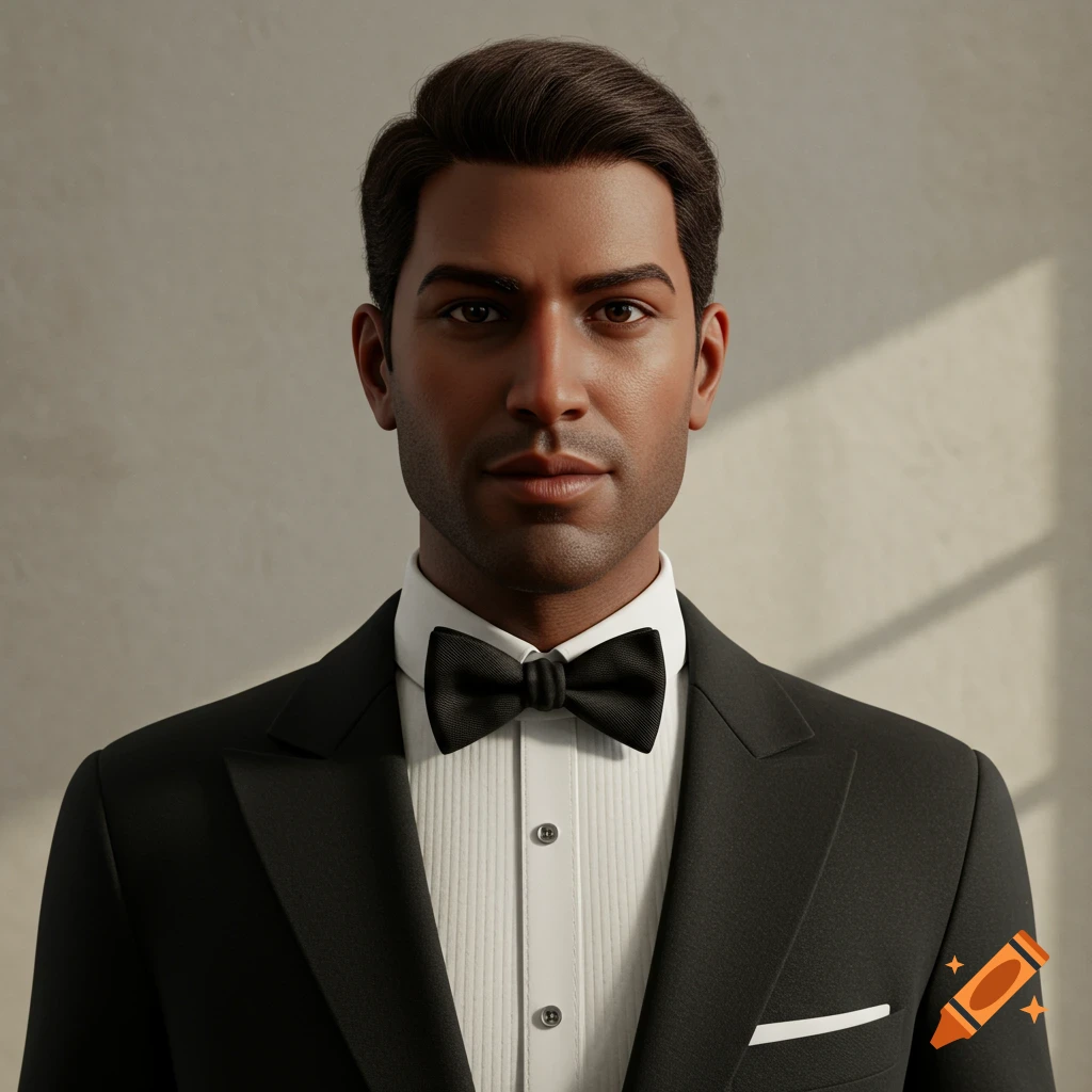 Photorealistic portrait of a man in a black tuxedo and bow tie.