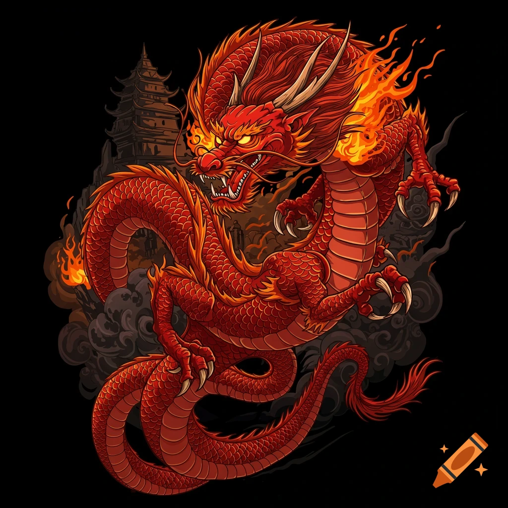 A blood red Asian style dragon wreathed in fire and smoke, with a pagoda in the background.