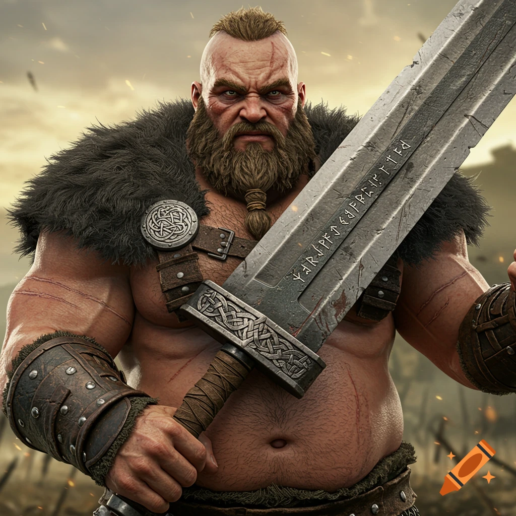Muscular viking warrior with beard and scars holds a large runic sword on a battlefield.