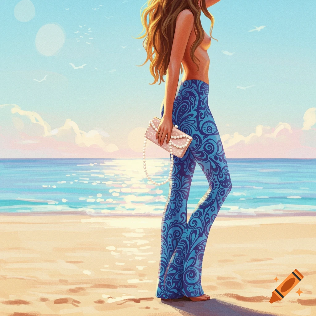 A woman in psychedelic pants and a bare torso stands on a beach holding a pearl clutch.