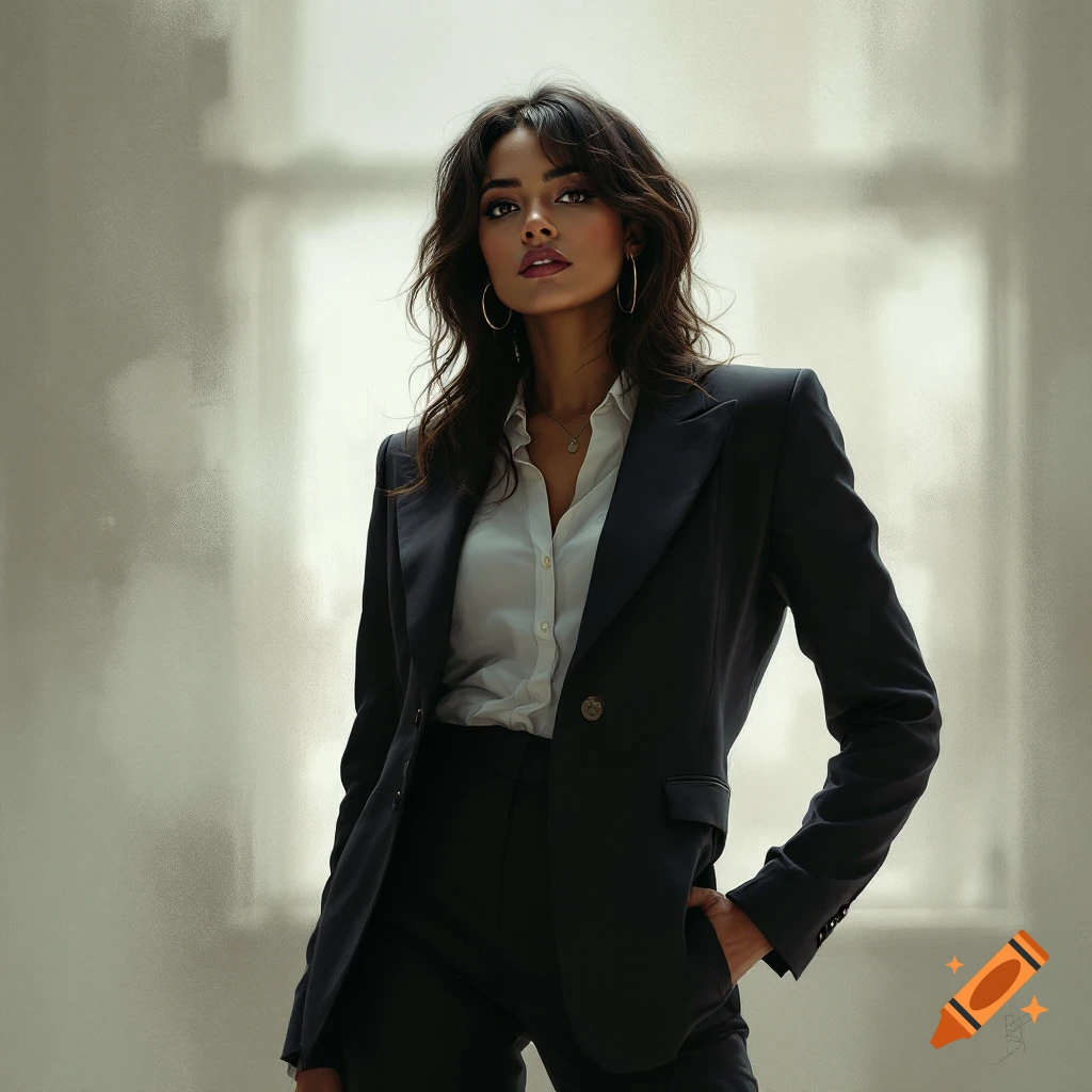 A woman in a suit posing in front of a window