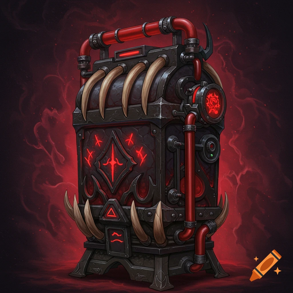 A dark fantasy machine with red pipes, tusks, and glowing red symbols.