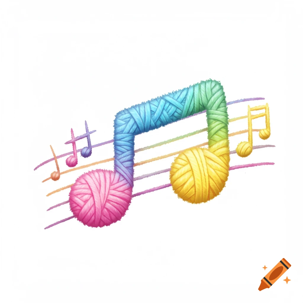 colorful yarn music notes on rainbow staff lines