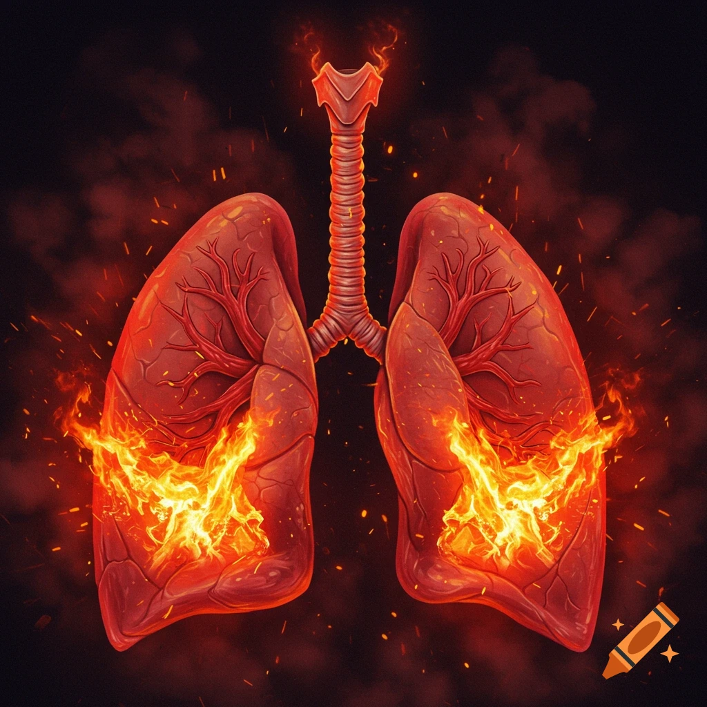 Human lungs burning with fire and sparks.