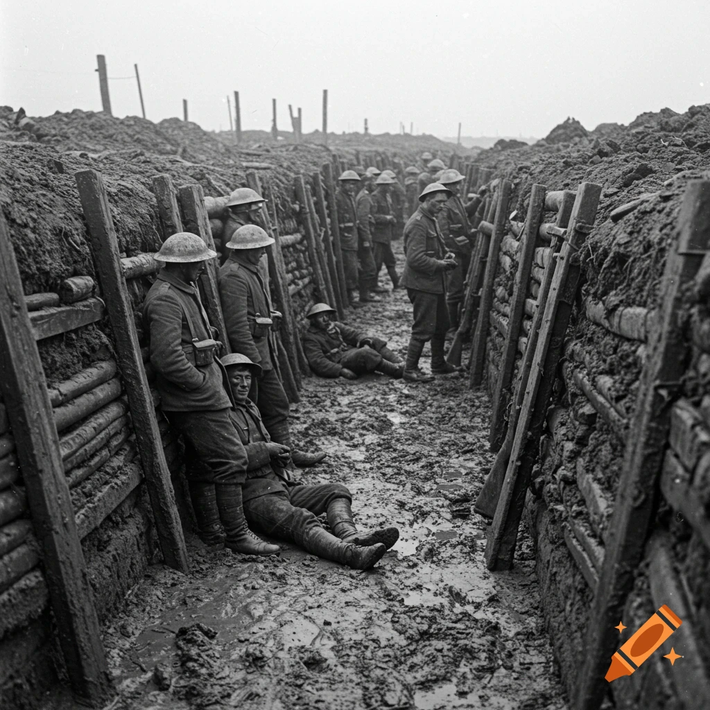 Black and white photo of weary soldiers standing and sitting in a muddy World War 1 trench.