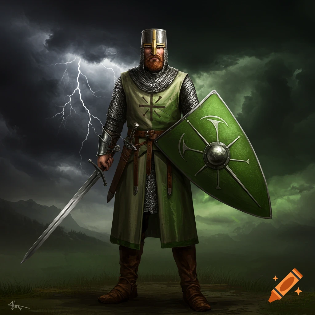 a medieval knight in armor holding a sword and shield against a stormy sky.