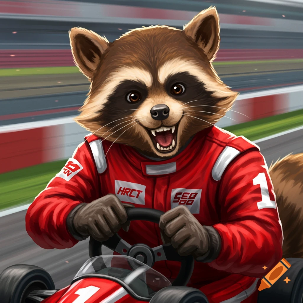 A raccoon in a red racing suit drives a go-kart on a track.