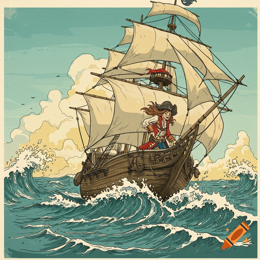 An illustration of a pirate sailing a ship on choppy seas under a cloudy sky.
