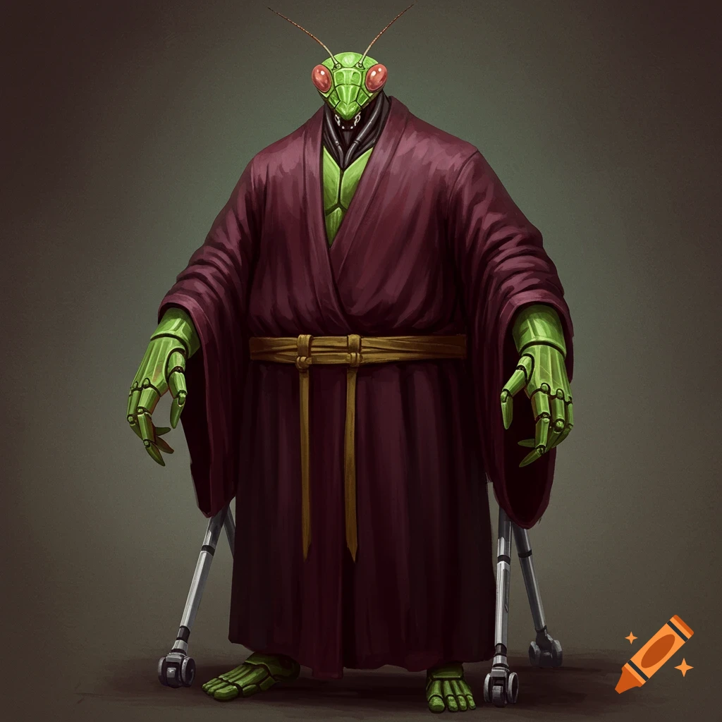 A praying mantis creature in a dark red robe stands with supports.