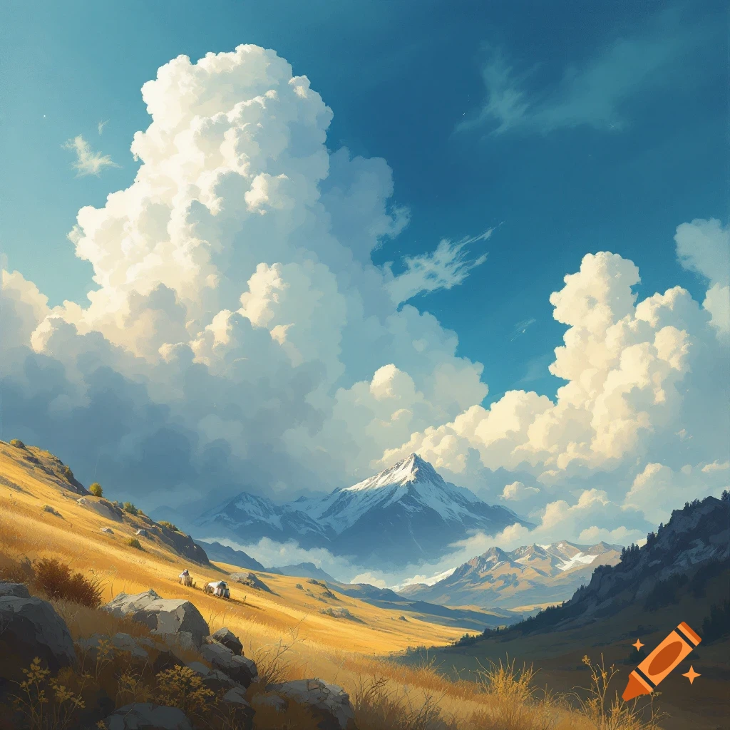 A golden grassy hillside leads to snow-capped mountains under a dramatic blue sky with large clouds.