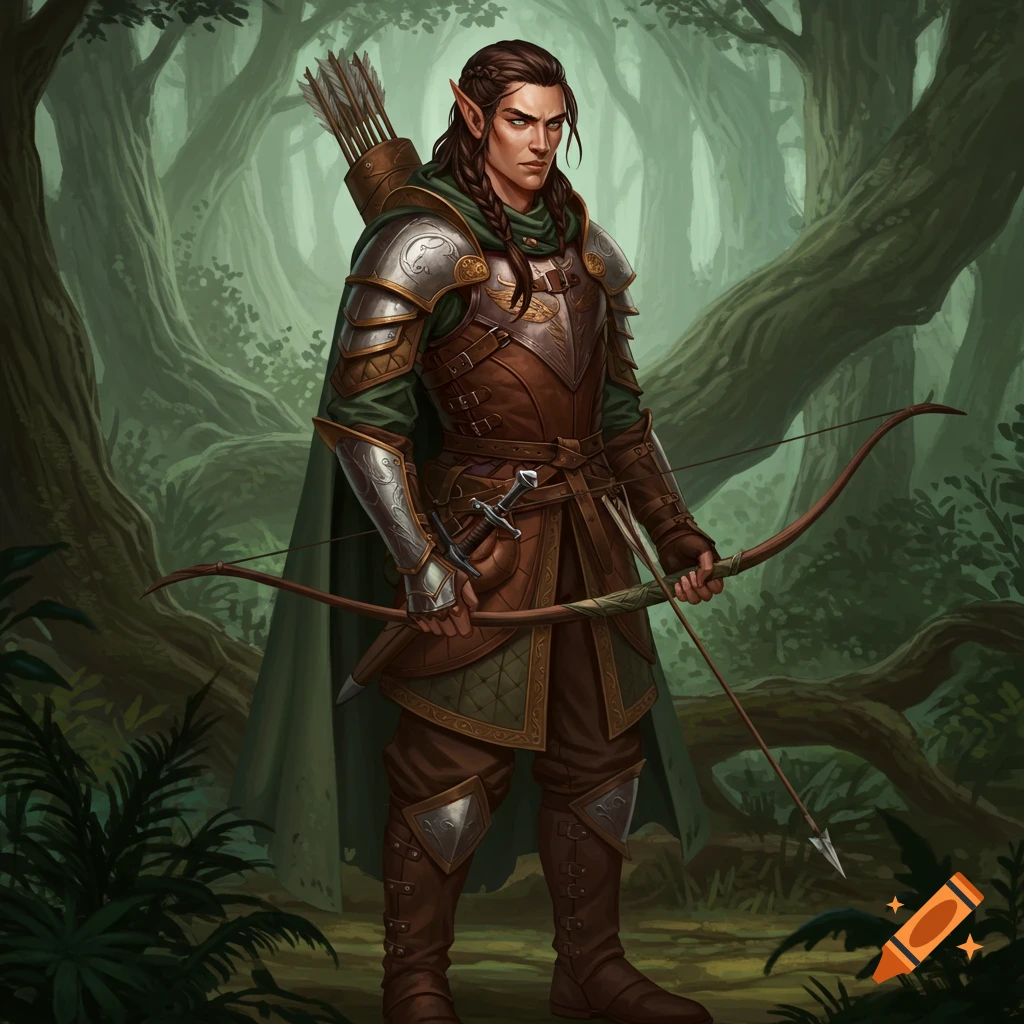 A male elf ranger in armor holds a bow while standing in a forest.