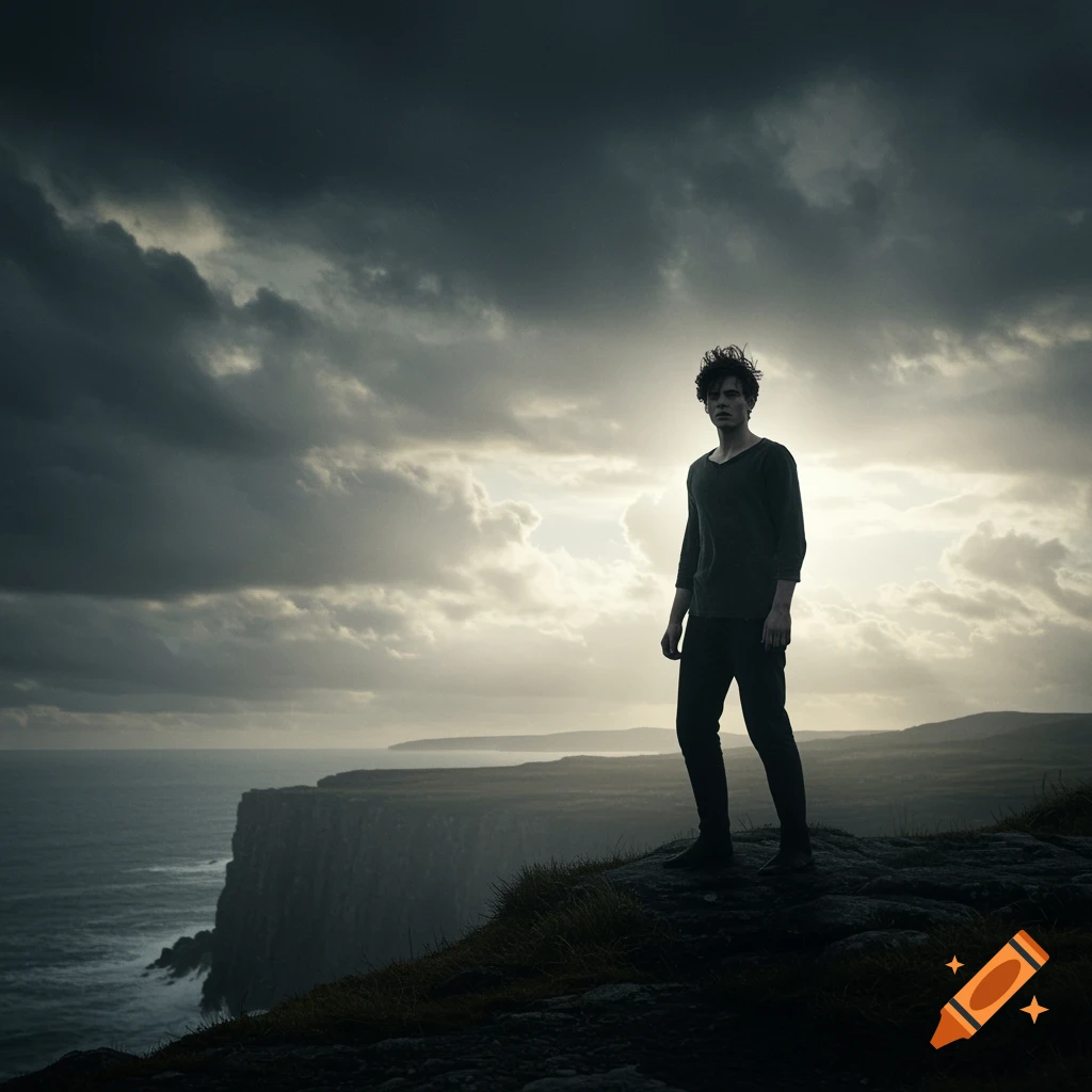A solitary figure stands on a dramatic cliff overlooking the ocean under a stormy sky.