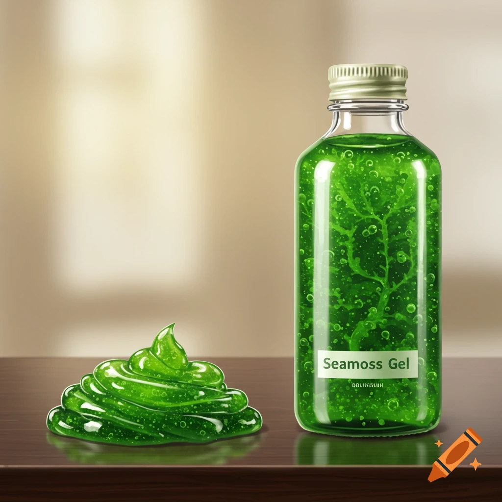 A bottle of green seamoss gel and a pile of gel on a wooden surface.