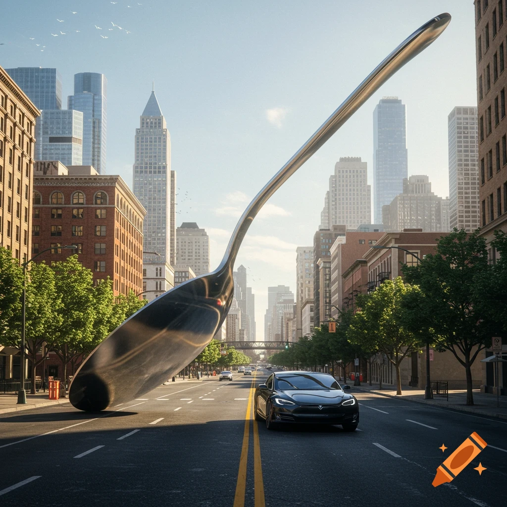 Giant spoon blocks a black car on a city street with tall buildings.