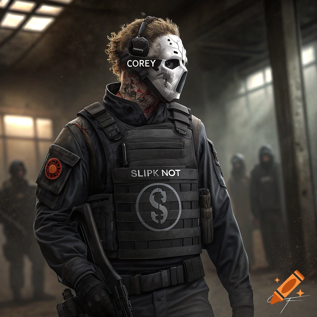 A person in black tactical gear and a white mask with text stands in a dark industrial setting, holding a rifle.