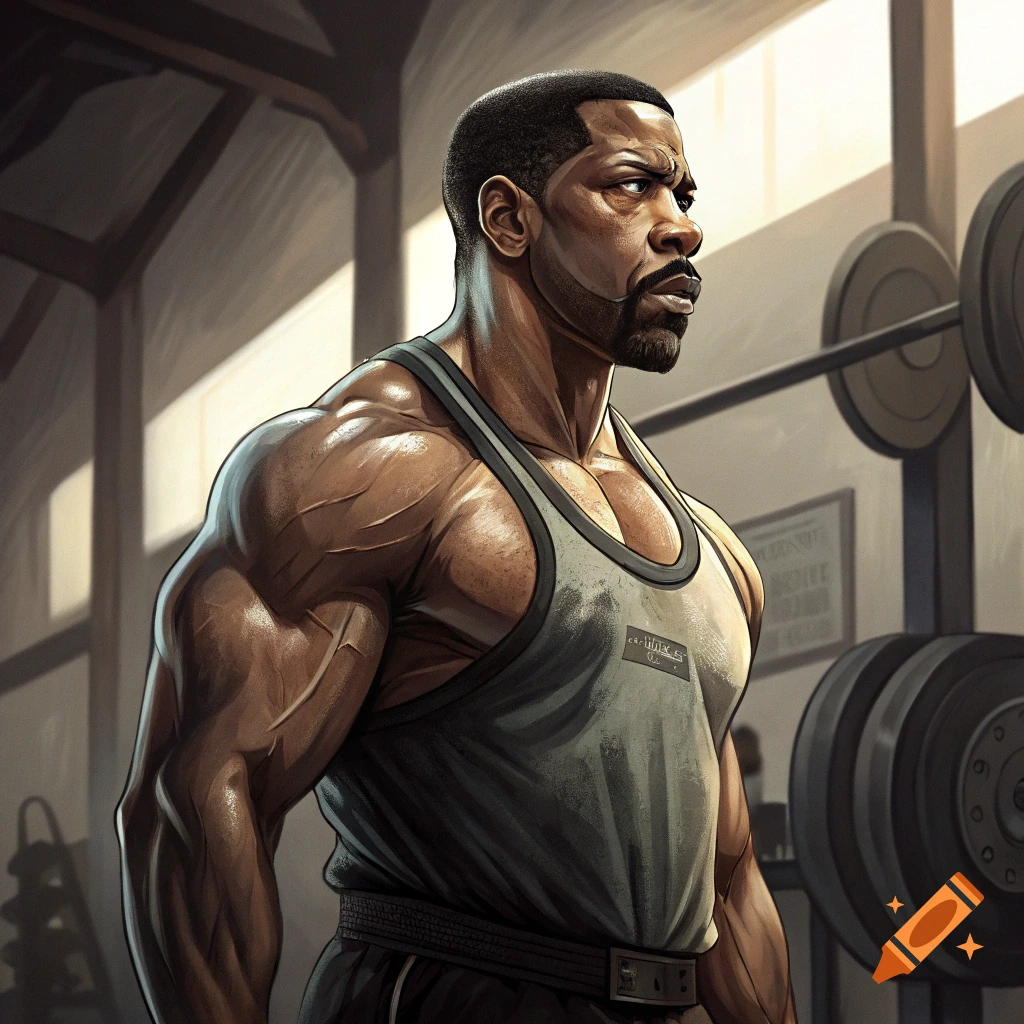 Stylized portrait of a muscular bodybuilder in a tank top in a gym.